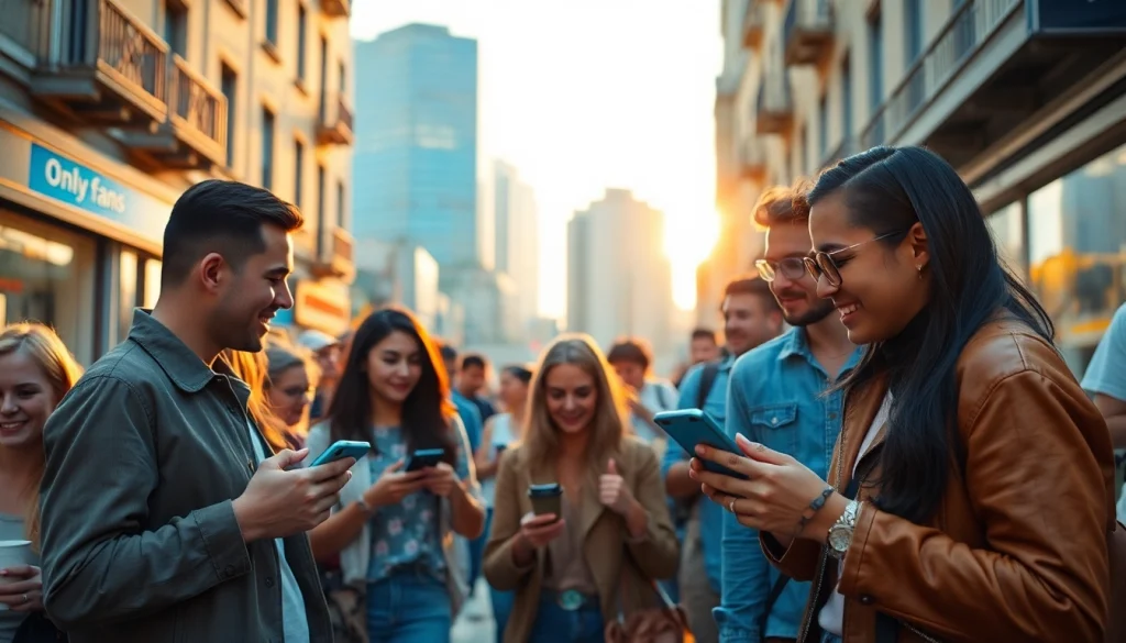 OnlyFans profiles near me in a lively urban setting with diverse individuals engaging with smartphones.