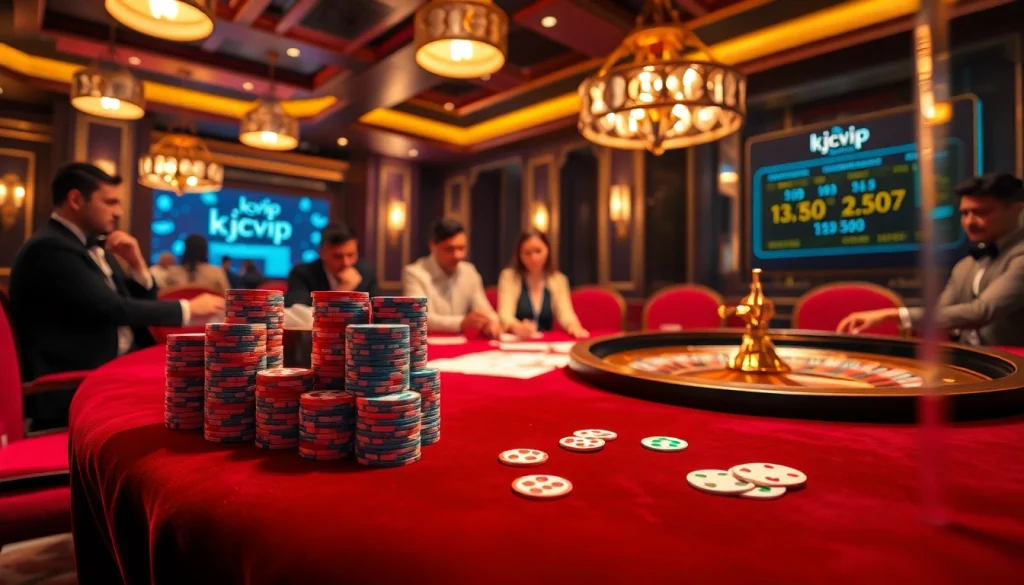 A dynamic casino scene with professional gamblers playing poker, showcasing "kjcvip" themed immersive experience.