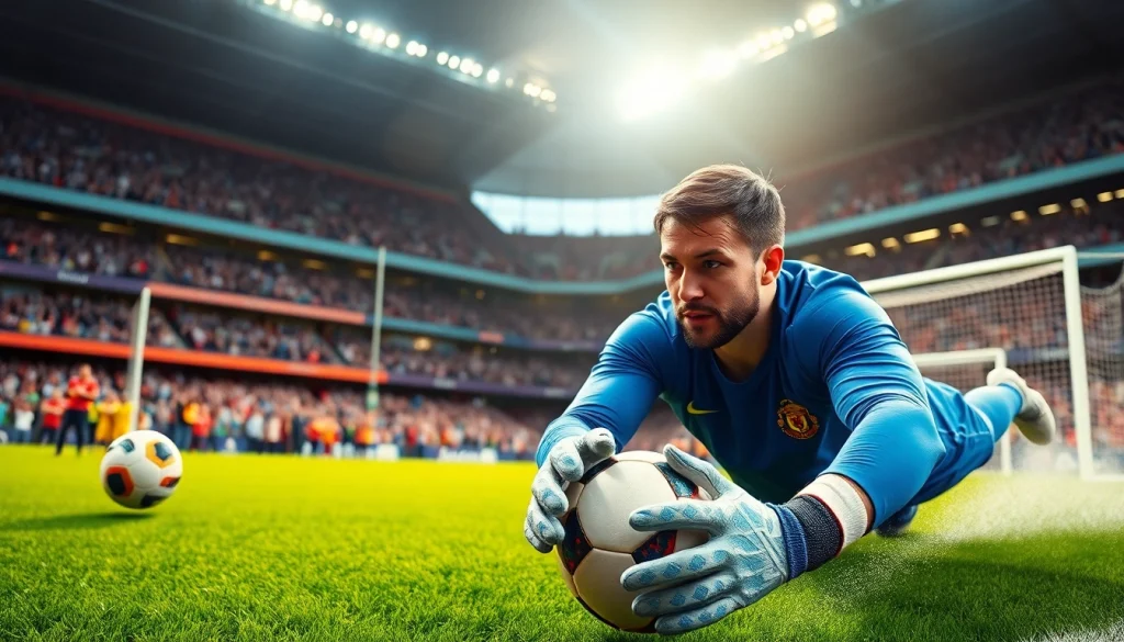 Football goalkeeper making a save during a match; โปรแกรมบอล in action for fans.