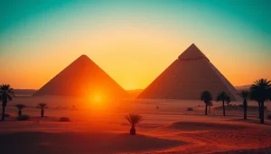 Piraminds standing majestically in the desert at sunset, showcasing ancient architecture.