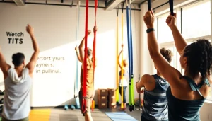 Active individuals using stretch bands for pull-ups in a vibrant gym setting.