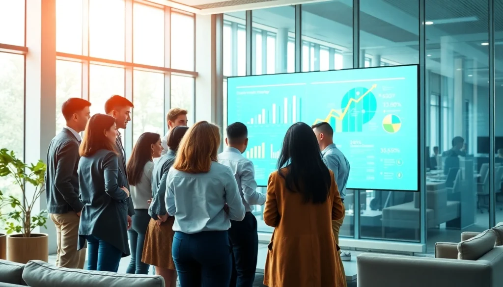 Team discussing growth strategy trends in a modern office with digital displays.