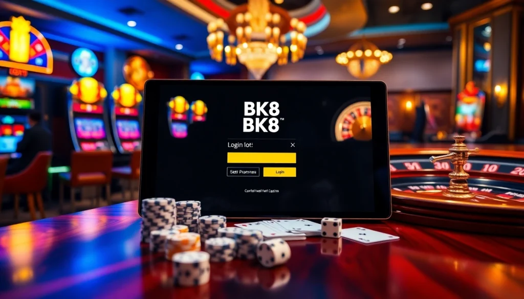 Gamblers accessing the BK8 login interface while enjoying slot machines and casino tables.
