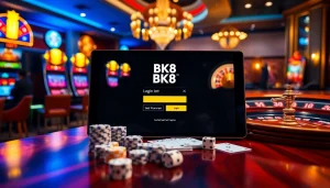 Gamblers accessing the BK8 login interface while enjoying slot machines and casino tables.