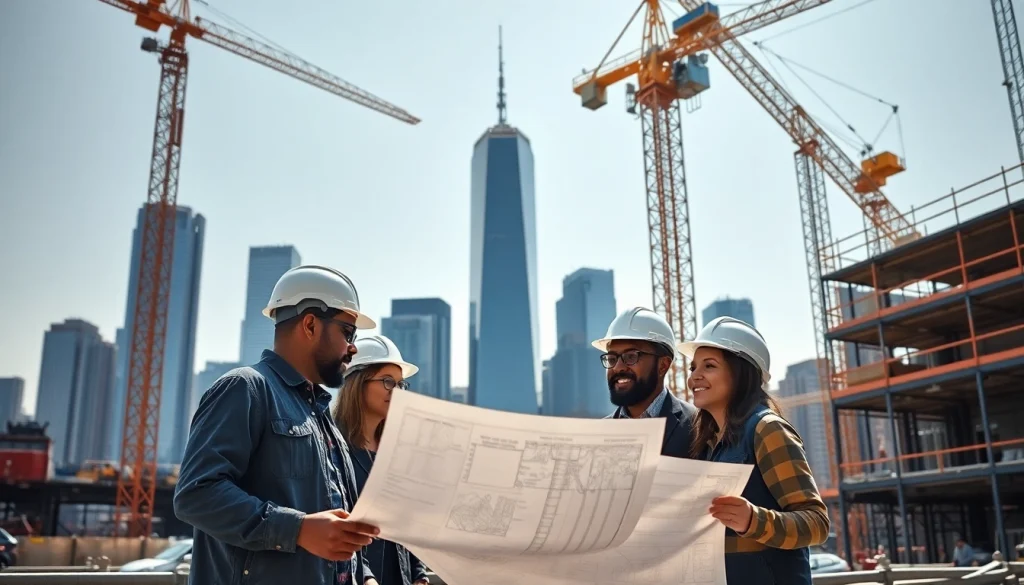 Manhattan Commercial General Contractor team reviewing plans at a bustling construction site.