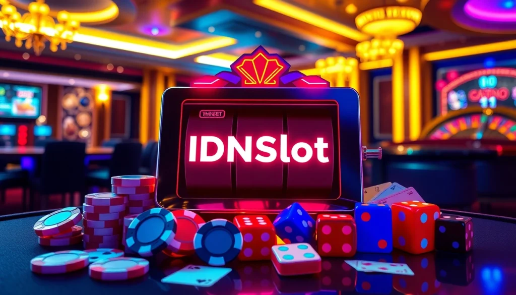 Engaging slot machine experience at IDNSlot with colorful poker chips and vibrant casino ambiance.