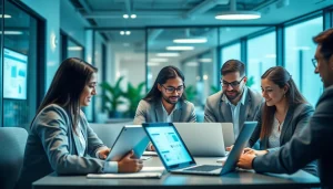 在现代办公室中，一支多元化团队使用WPS官网软件在笔记本电脑和平板电脑上进行协作，展示团队合作的创新。