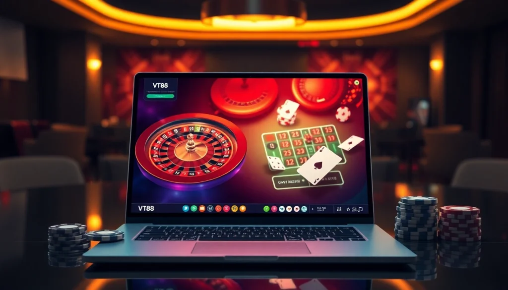 VT88 online gambling scene showcasing a stylish casino interface with poker chips and a roulette wheel.