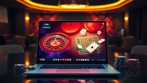 VT88 online gambling scene showcasing a stylish casino interface with poker chips and a roulette wheel.