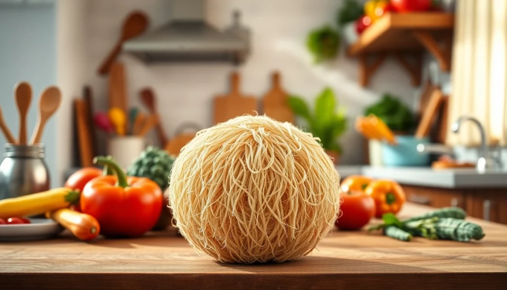 Fresh kitchen loofah nestled among colorful vegetables and utensils on a wooden counter.