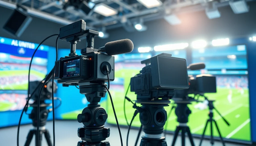 Captivating scene of sports broadcasting setup showcasing high-tech equipment and live event display.