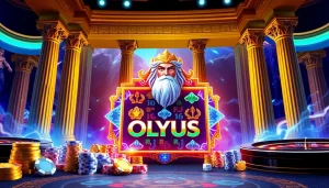Mainkan Olympus Slot dengan Zeus di tengah suasana kasino mewah yang dipenuhi kegembiraan dan visual yang hidup.