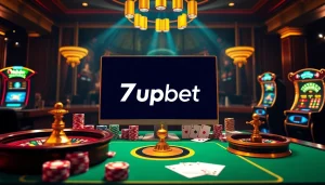 Action-packed scene featuring 7upbet online gambling elements like poker chips and a roulette wheel.