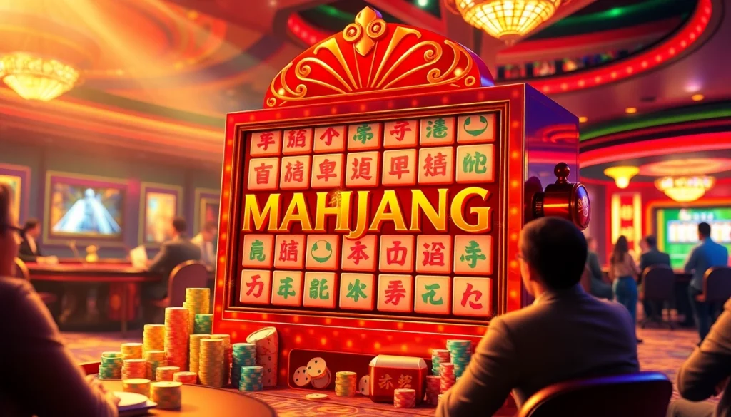 Engage with the Mahjong slot demo while surrounded by exciting casino games, poker chips, and vibrant atmosphere.
