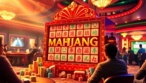 Engage with the Mahjong slot demo while surrounded by exciting casino games, poker chips, and vibrant atmosphere.