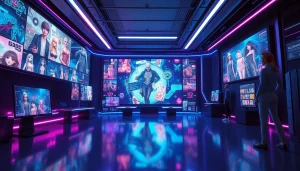 Innovative NSFW AI creation in a futuristic studio with vibrant visuals