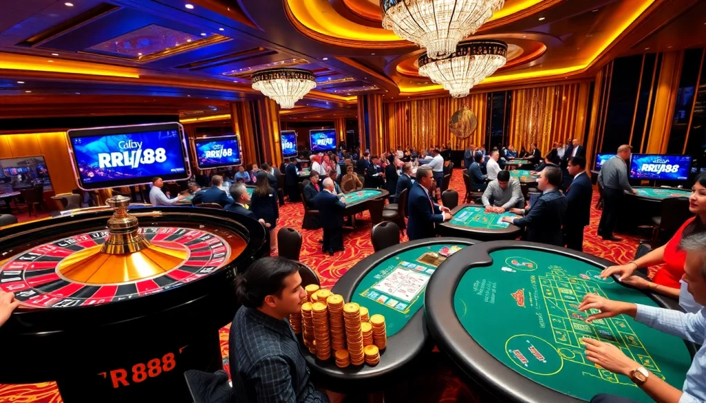 RR88 casino scene with players at roulette and poker tables, showcasing high-stakes excitement.