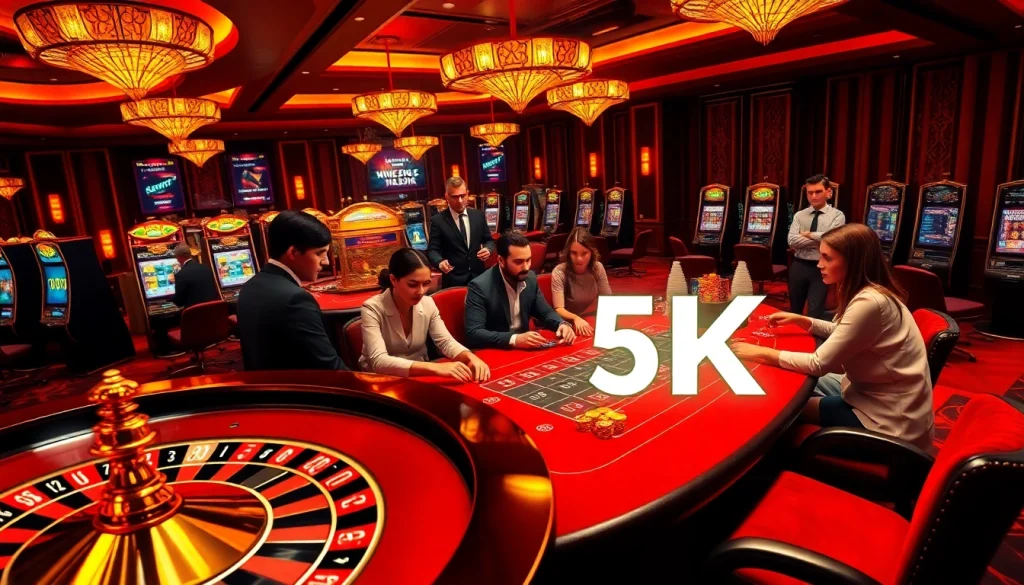 A vibrant casino scene showcasing players enjoying high-stakes games with depo 5k betting options, highlighting excitement and professionalism.