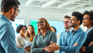 Engaged professionals discussing strategies for workforce development in a modern workspace.