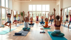 暖かく魅力的な雰囲気でヨガを実践している多様な人々を紹介する推奨ホットヨガスタジオのシーン。