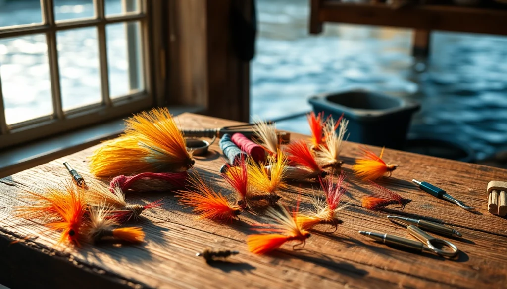 Engaging in fly tying with colorful materials and tools on a rustic workspace.