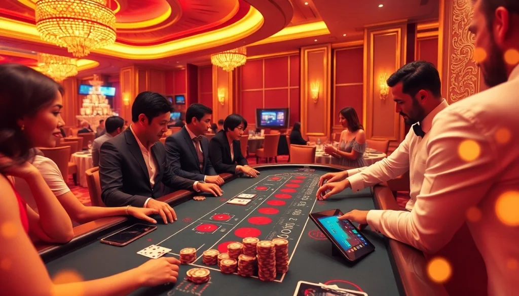 Sbobet link alternatif displayed on a digital tablet amidst a crowded casino table with players and vibrant poker chips.