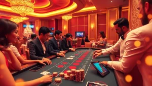 Sbobet link alternatif displayed on a digital tablet amidst a crowded casino table with players and vibrant poker chips.