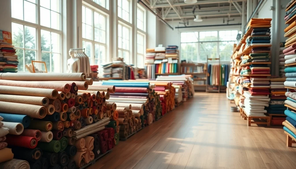 Bekijk goedkope canvas stoffen in een sfeervolle stoffenwinkel met kleurige rollen.