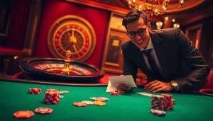 L'excitation du meilleur casino en ligne France capturée avec des jetons de poker et des tickets de pari dans un casino de luxe.