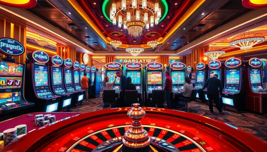Spinning the slot pragmatic play machines in a vibrant casino atmosphere with excited players.