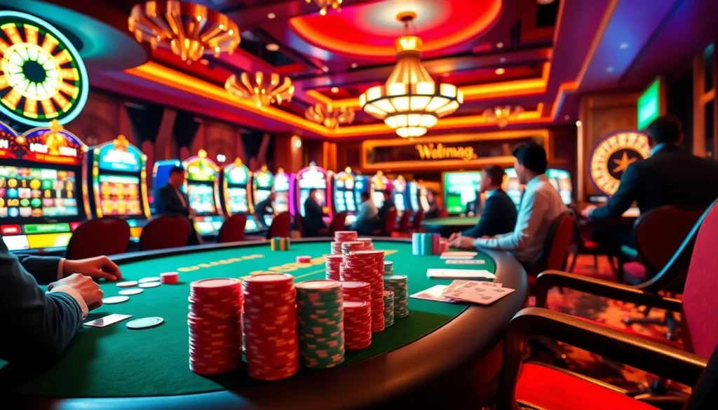 Vivez l'excitation du meilleur casino en ligne France, avec des joueurs autour d'une table de poker entourée d'éléments de jeu vibrants.