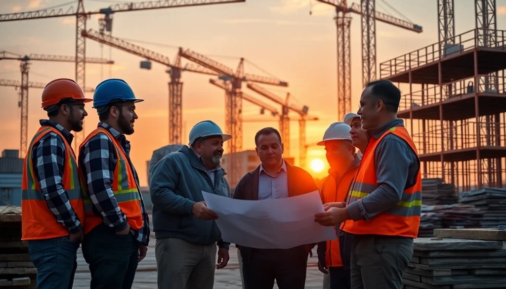 Construction association team collaborating on a large project under a vibrant sunset.