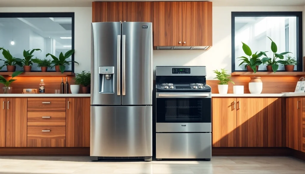 Showcasing sleek home appliances in a stylish kitchen setting, highlighting modern design.