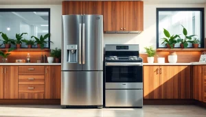 Showcasing sleek home appliances in a stylish kitchen setting, highlighting modern design.