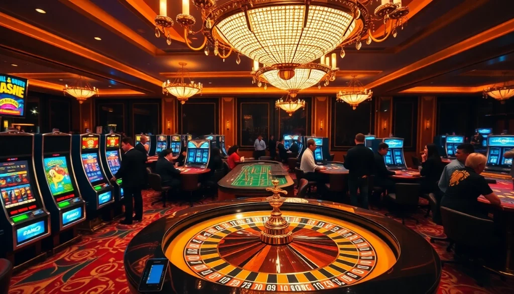 Des joueurs engagés profitent de l'excitation des jeux au meilleur casino en ligne France avec des tables de roulette et des machines à sous.