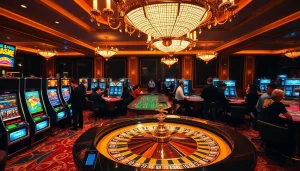 Des joueurs engagés profitent de l'excitation des jeux au meilleur casino en ligne France avec des tables de roulette et des machines à sous.