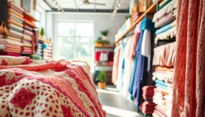 Kant stof kopen in een mooi ingerichte stoffenwinkel met kleurrijke stoffen.