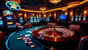 Players enjoying their experience at mm88 casino tables, featuring poker chips and slot machines.