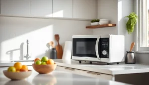 Enhance your kitchen with this affordable appliance, featuring a sleek microwave in a modern setting.