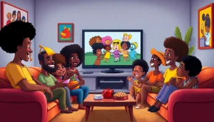A lively scene celebrating African American Cartoons with diverse characters enjoying cartoons in a cozy living room.