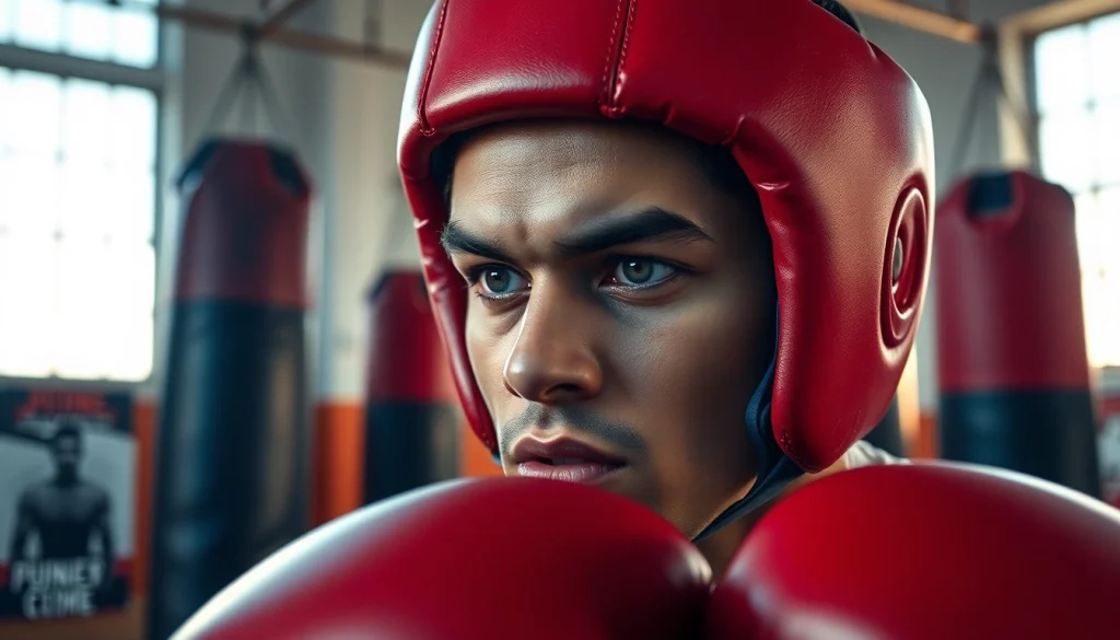 Boxer in headgear boxing focused on training in a bright gym with punching bags.