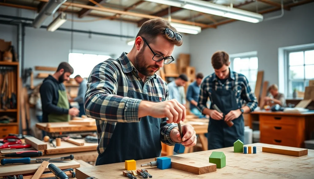 Participants in craft training programs actively learning woodworking techniques with tools.