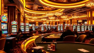 Experience the excitement of slot scatter hitam in a luxurious casino setting, featuring vibrant machine designs.