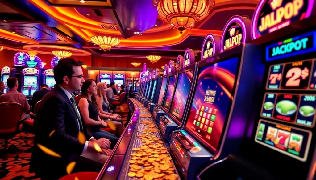 Experience jackpots at GTATOGEL with players winning big on vibrant slot machines in a luxurious casino atmosphere.