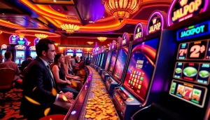 Experience jackpots at GTATOGEL with players winning big on vibrant slot machines in a luxurious casino atmosphere.