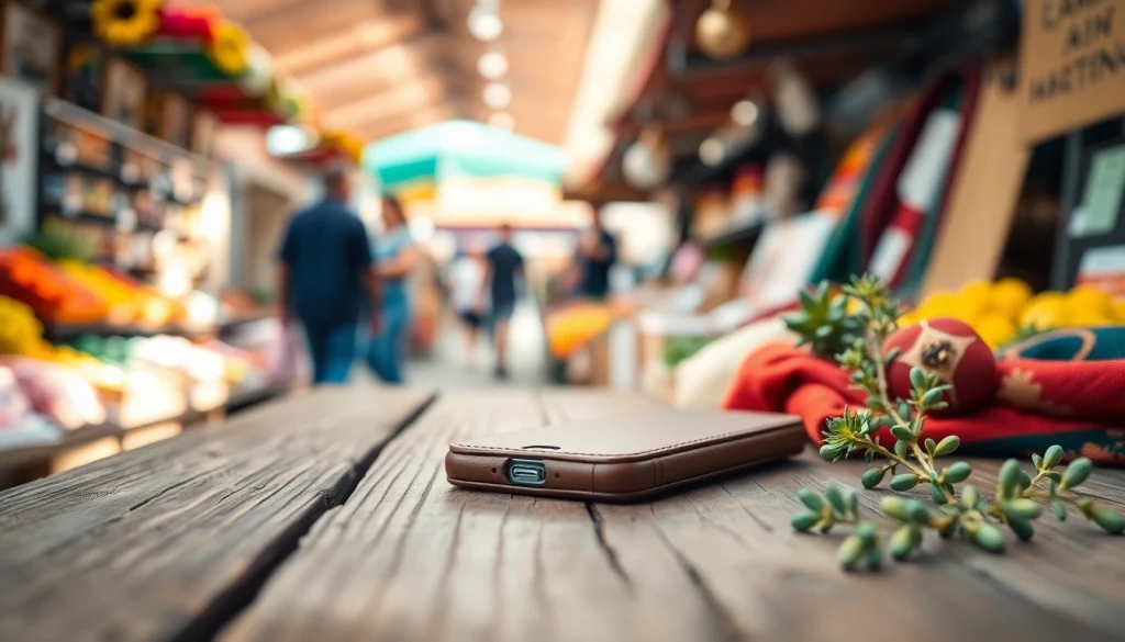 Ein stylische Handytasche Magnetverschluss, die auf einem Markttisch präsentiert wird.