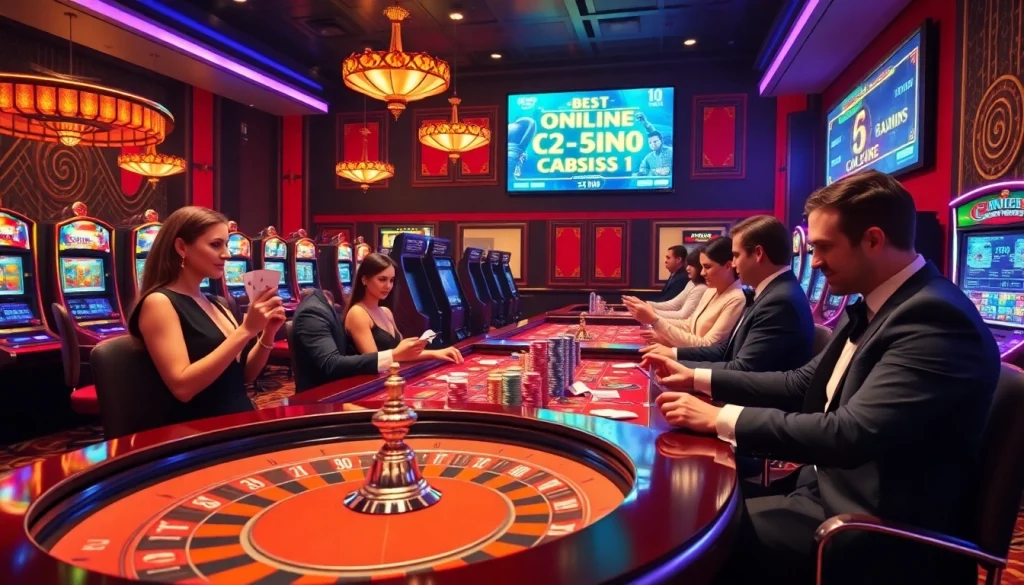 Une scène de jeu passionnante dans un casino en ligne luxueux, mettant en avant la table de roulette et les jetons de poker du meilleur casino en ligne france.
