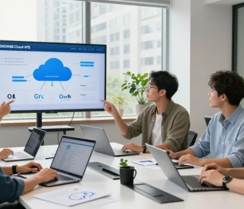 Team discussing ROKOK88 Cloud VPS solutions in a modern office setting.