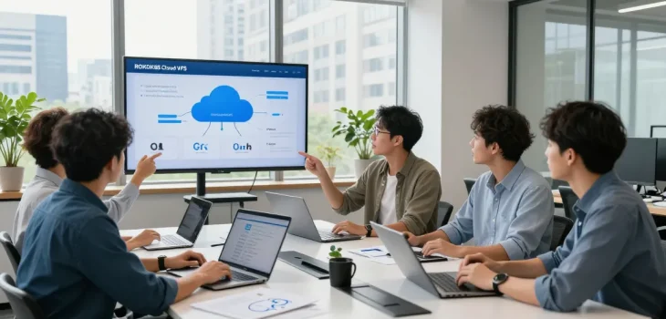 Team discussing ROKOK88 Cloud VPS solutions in a modern office setting.