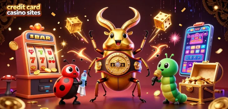 Engaging scene showcasing credit card casino sites with a dynamic 3D illustration of a golden stag beetle and slot machines.